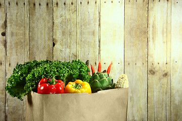 Image showing Bag of Grocery Produce Items on a Wooden Plank