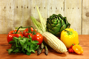 Image showing Grocery Produce Items on a Wooden Plank