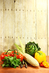 Image showing Grocery Produce Items on a Wooden Plank