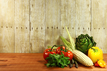 Image showing Grocery Produce Items on a Wooden Plank