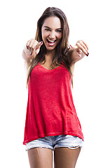 Image showing Happy woman looking and pointing