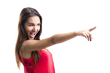 Image showing Beautiful woman pointing to something