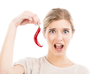 Image showing Woman with a silly face holding a red chilli pepper