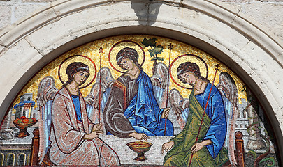 Image showing Mosaic over the entrance of the Holy Trinity Orthodox Church in Budva, Montenegro