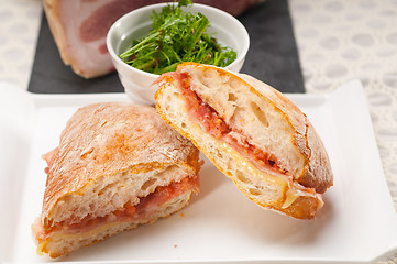 Image showing ciabatta panini sandwich with parma ham and tomato