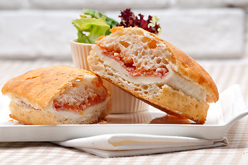 Image showing ciabatta panini sandwich with parma ham and tomato