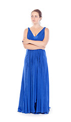 Image showing Full lenght portrait of a beautiful young woman in blue dress