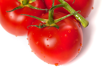 Image showing Ripe tomato with water drops. Close-up view.