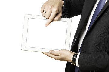 Image showing Business man shows something on his tablet computer