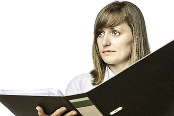 Image showing Woman holding open file folder