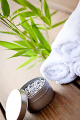 Image showing wellness and spa beauty treatment objects on wooden background