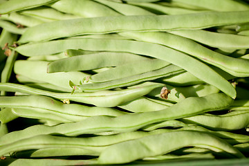 Image showing fresh green beans macro closeup on market outdoor