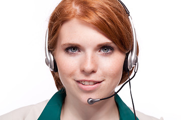 Image showing smiling business woman callcenter agent operator isolated portrait