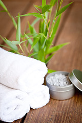 Image showing wellness and spa beauty treatment objects on wooden background