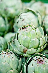 Image showing fresh green artichokes macro closeup on market outdoor