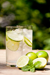 Image showing fresh cold refreshment drink mineral water soda with lime and mint