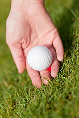 Image showing golf ball and iron on green grass detail macro summer outdoor