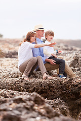 Image showing happy family sitting on rock and watching the ocean waves
