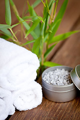 Image showing wellness and spa beauty treatment objects on wooden background