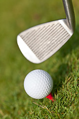 Image showing golf ball and iron on green grass detail macro summer outdoor