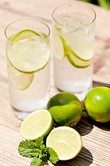 Image showing fresh cold refreshment drink mineral water soda with lime and mint