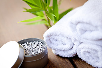 Image showing wellness and spa beauty treatment objects on wooden background