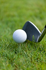 Image showing golf ball and iron on green grass detail macro summer outdoor