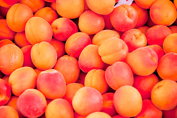 Image showing fresh orange red apricots peaches macro closeup on market