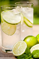 Image showing fresh cold refreshment drink mineral water soda with lime and mint