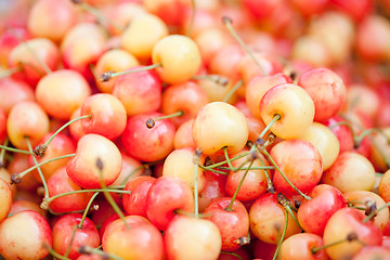 Image showing  fresh yellow red sweet cherries macro closeup on market