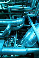 Image showing Industrial zone, Steel pipelines and valves in blue tones