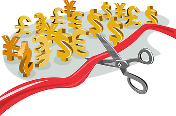 Image showing Scissors Cutting Red Ribbon with Currency Signs