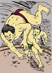 Image showing Japanese Sumo Wrestlers Throwing