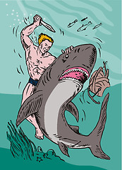 Image showing Man Diver Wrestling Shark