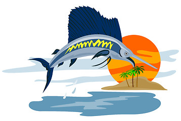 Image showing Sailfish Fish Jumping Island Background Retro