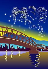 Image showing Bridge with Buildings and Fireworks