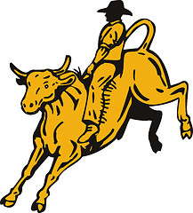 Image showing Rodeo Cowboy Bull Riding Woodcut Retro