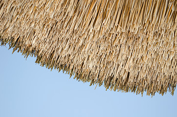 Image showing retro organic straw house roof blue sky background 