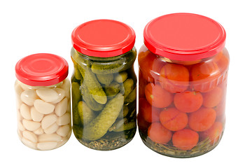 Image showing garlic cucumber tomatoes preserved glass jar pot 