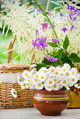 Image showing Bouquet of wild flowers in a pot at the table  