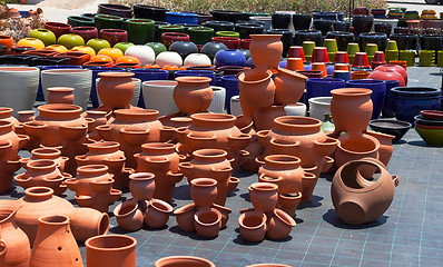 Image showing Colorful ceramic pots in market