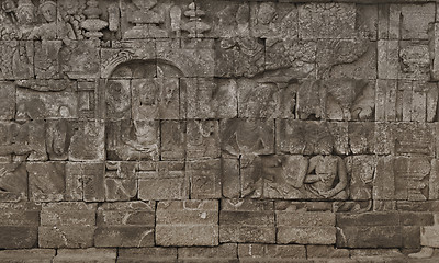 Image showing Medieval carving on the walls of the Borobudur temple