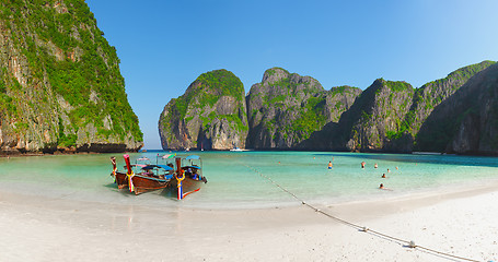 Image showing Tropical beach with boats and rocks. Thailand, Phi Phi