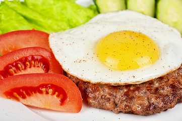 Image showing steak beef meat with fried egg