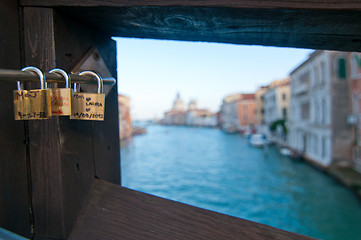 Image showing Venice Italy love lockers on Accademia bridge