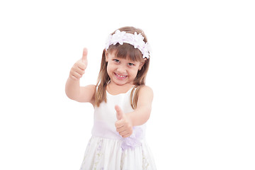 Image showing happy pretty girl with thumbs up on white background 