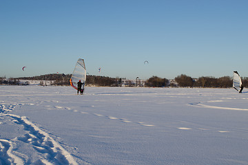 Image showing people ice sail surf  kiteboard snow lake  winter 