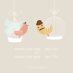 Image showing Wedding invitation or bridal shower card with two cute birds in the cages.