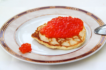 Image showing Pancake with red caviar