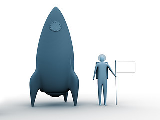 Image showing 3d person next to a rocket holding an empty flag for you to place whatever you like. (logo,country flag, sign etc.)